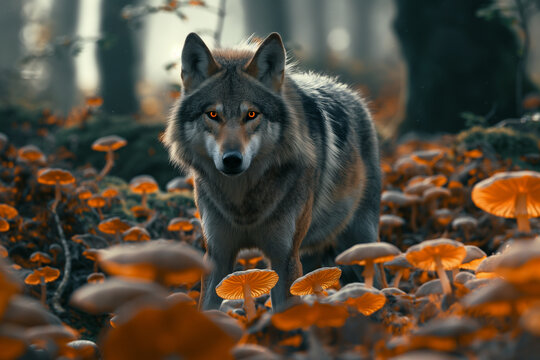 Lobo cinzento em uma floresta de cogumelos com ilumina&ccedil;&atilde;o cinematogr&aacute;fica