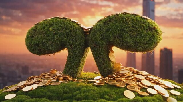 Green plant shaped like currency symbol covered with gold coins on rooftop garden against city skyline at sunset. Eco finance and sustainable investment concept. Design for poster, banner, header, wal