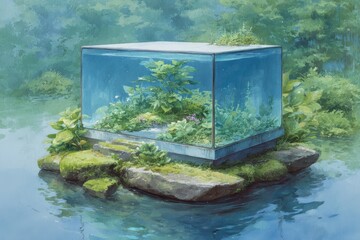 A Stunning Painting of a Fish Tank Surrounded by Lush Green Plants Captures Serenity and Nature's Beauty