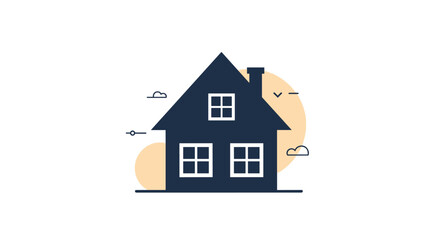 A simple illustration of a house with a chimney and windows.