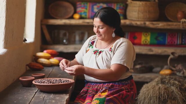 Indigenous woman sorting cacao beans in rustic kitchen with traditional textiles and pottery. Cultural heritage and organic food preparation concept. Design for postcard, poster, banner, greeting card