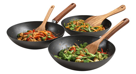 Three Woks with Vegetables and Wooden Spatulas on Transparent Background