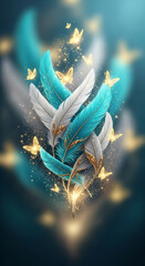 Fantasy Surreal Feathers with Golden Butterflies and Sparkles