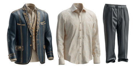 Stylish Fashion Set of Formal Jacket, Shirt, and Trousers on White Background