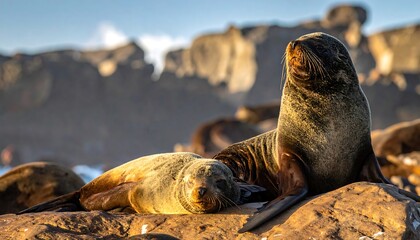 Two Brown Seals Sunbathing Sunlit