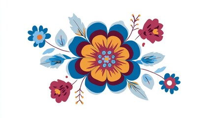 Colorful stylized illustration of a blooming floral bouquet featuring a large central flower with orange and blue petals surrounded by smaller red and blue blossoms and foliage.