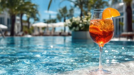 A refreshing cocktail with orange garnish sits near a pool, palm trees in the background under a clear sky