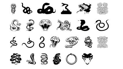 Collection of snake tatto and graphic elements isolated on transparent background
