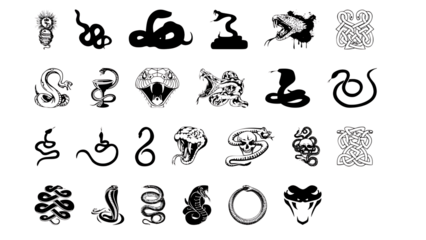 Collection of snake tatto and graphic elements isolated on transparent background