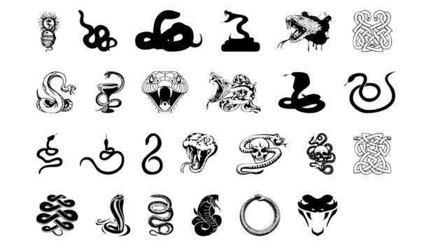 Collection of snake tatto and graphic elements isolated on transparent background