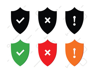 Fototapeta premium Security shield icons set with check mark, cross, plus and exclamation symbols, protection and safety badges in modern flat vector design for secure interface and antivirus concepts 
