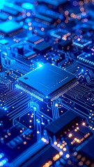 A close-up view of a complex circuit board featuring vibrant blue LED lights illuminating various pathways, alongside a sleek, shiny electronic chip.