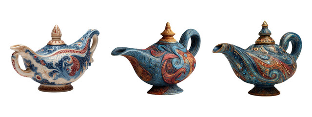 Colorful Ceramic Teapots Set on Transparent Background