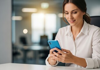 Professional woman engaged with smartphone in modern office environment sunlight glinting off screen
