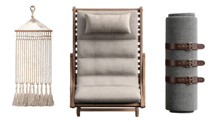 Isolated Modern Furniture Set with Relax Chair, Wall Hanging, and Blanket