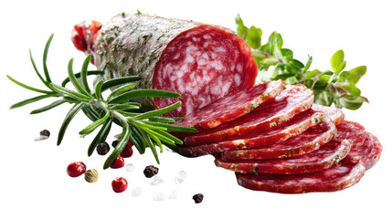 Sliced italian salami sausage with herbs isolated on transparent background