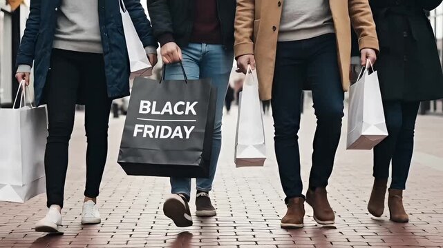 Three Friends Shopping On Black Friday Carrying Bags In A Modern City Street
