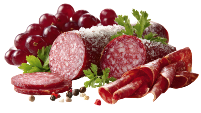 Assortment of cured meats and grapes isolated on transparent background