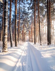 Snowy path through a sunlit forest