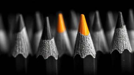Close-up of a group of pencils, most monochrome, with one vibrant orange pencil standing out in sharp focus