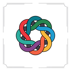 Colorful interlaced knot emblem, unity diversity concept, circular woven loops, decorative frame corners, modern abstract logo vector