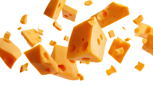 Cheddar cheese cubes and crumbs flying through the air isolated on transparent background