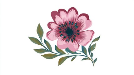 Illustration of a pink flower with green leaves on a white background.