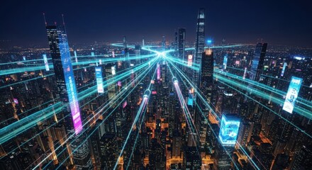 City at night connected by glowing digital trade routes, cinematic perspective