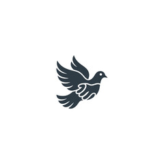 Flying dove silhouette logo, peace freedom emblem, simple minimal bird mark, spiritual calm branding, elegant monochrome vector