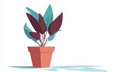 A potted plant with deep red and teal leaves casting a shadow on a white background.