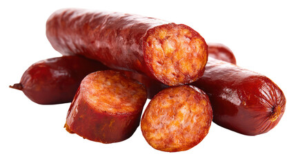 Several pieces of sliced chorizo sausage isolated on transparent background