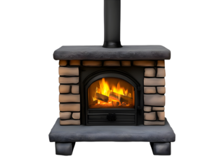 Traditional stone wood stove isolated on white or transparent background