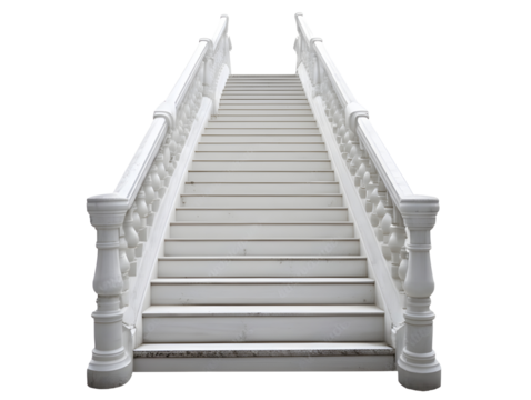 Elegant marble staircase with ornate balustrade isolated on white or transparent background
