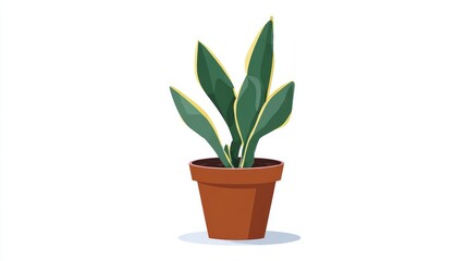 A potted snake plant with green and yellow striped leaves in a terracotta pot.