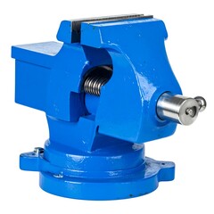 A bright blue, heavy-duty mechanical clamp used for holding objects
