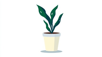 A simple illustration of a potted houseplant with dark green leaves in a light-colored pot.