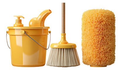 Yellow Cleaning Set with Bucket, Brush, and Sponge Isolated on White