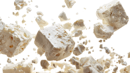 Crumbled white cheese pieces flying through the air isolated on transparent background