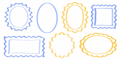 Collection of hand drawn decorative frames in various shapes and sizes with blue and yellow outlines