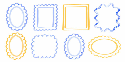 Collection of hand drawn watercolor frames in blue and yellow with decorative edges