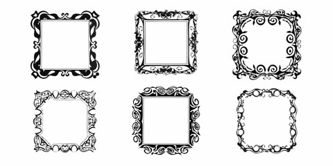 Collection of six ornate black and white decorative borders and frames with vintage flourishes