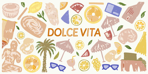 Dolce vita summer vacation lifestyle collage with citrus fruits palm tree and beach accessories