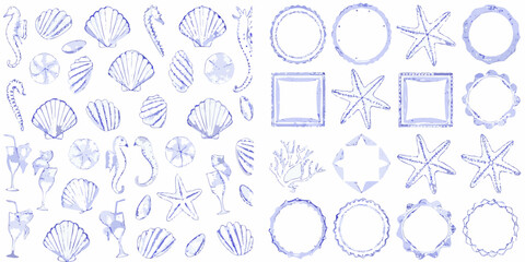 Collection of blue watercolor style hand drawn sea elements and decorative frames