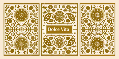 Triptych decorative panel with dolce vita text and ornate floral and fruit motifs in earth tones © Ruhidas