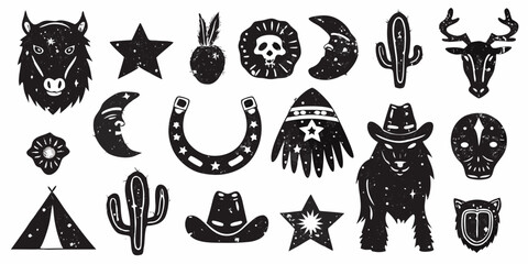 Collection of black and white western and celestial icons with grunge texture © Ruhidas