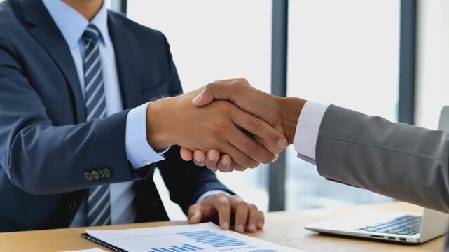 Close-up of business handshake between two professionals in suits at office desk with documents and laptop. Partnership and corporate agreement concept. Design for banner, poster, header, postcard