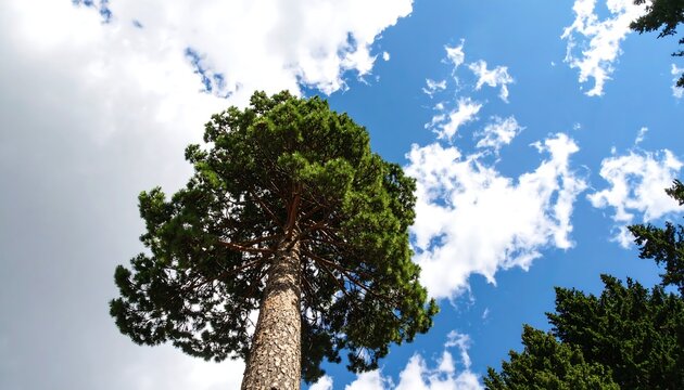 Tall pine tree reaching for a partly cloudy sky