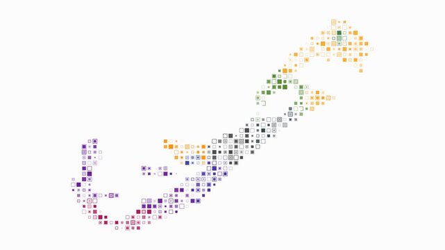 Bermuda map animation. Shape of the country with pulsating colored dots. Small size square blocks. Digital style Bermuda map on white background. Awesome video.