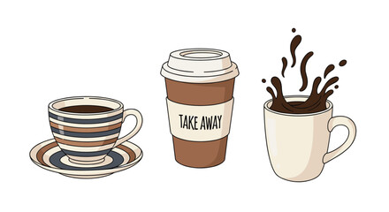 Obraz premium Three distinct coffee cups showcasing different styles of coffee beverages and serving methods.