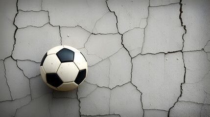 Soccer ball striking a weathered wall with a cracked texture showcasing a blend of sport and rugged design